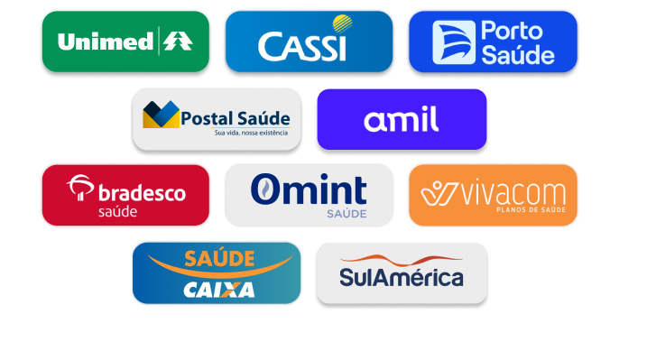 Convênios atendidos: Unimed, CASSI, Porto Saúde, Postal Saúde, Amil, Bradesco Saúde, Omint, Vivacom, Saúde Caixa e SulAmérica